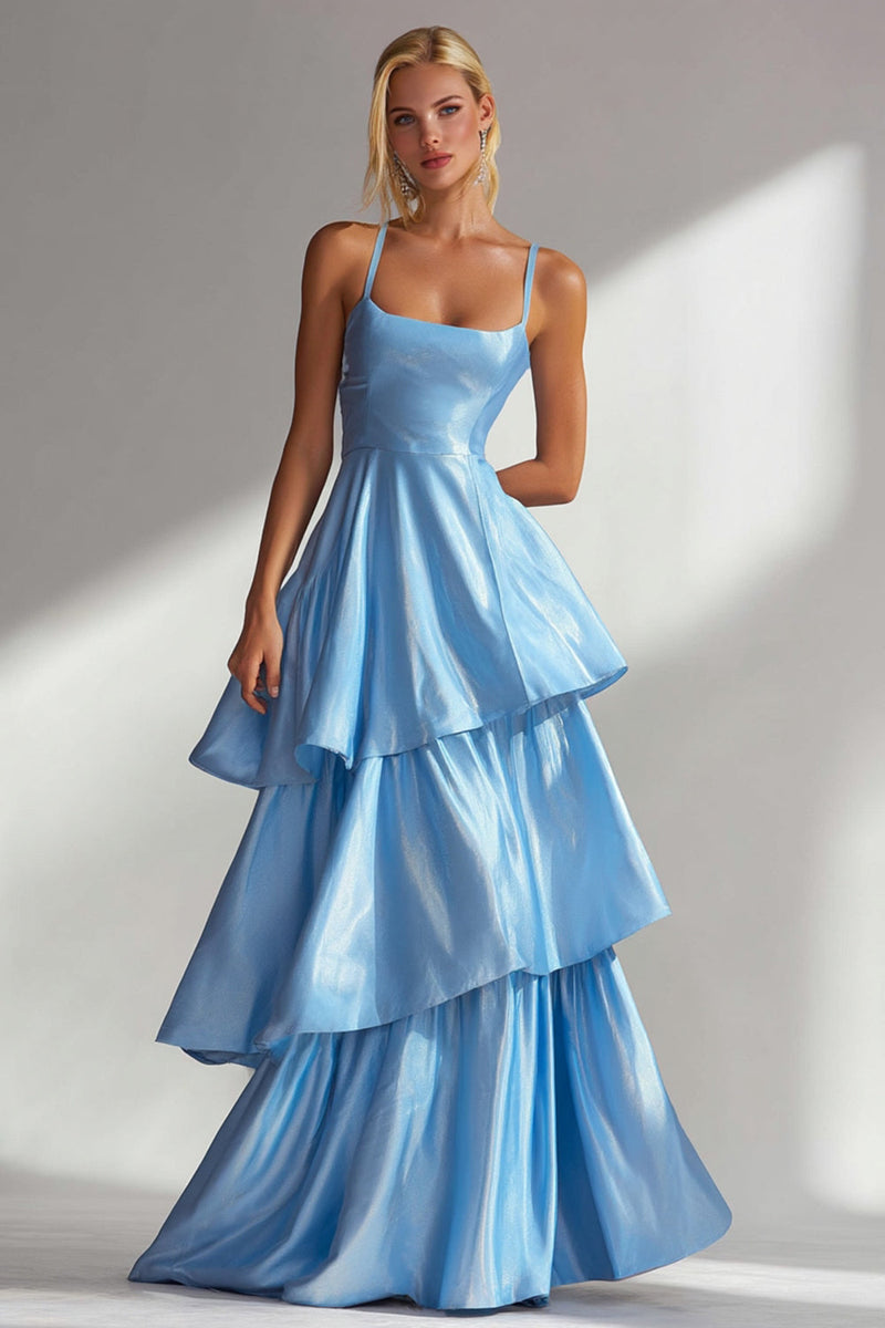 Load image into Gallery viewer, Light Blue Satin A Line Spaghetti Straps Long Formal Dress with Ruffles