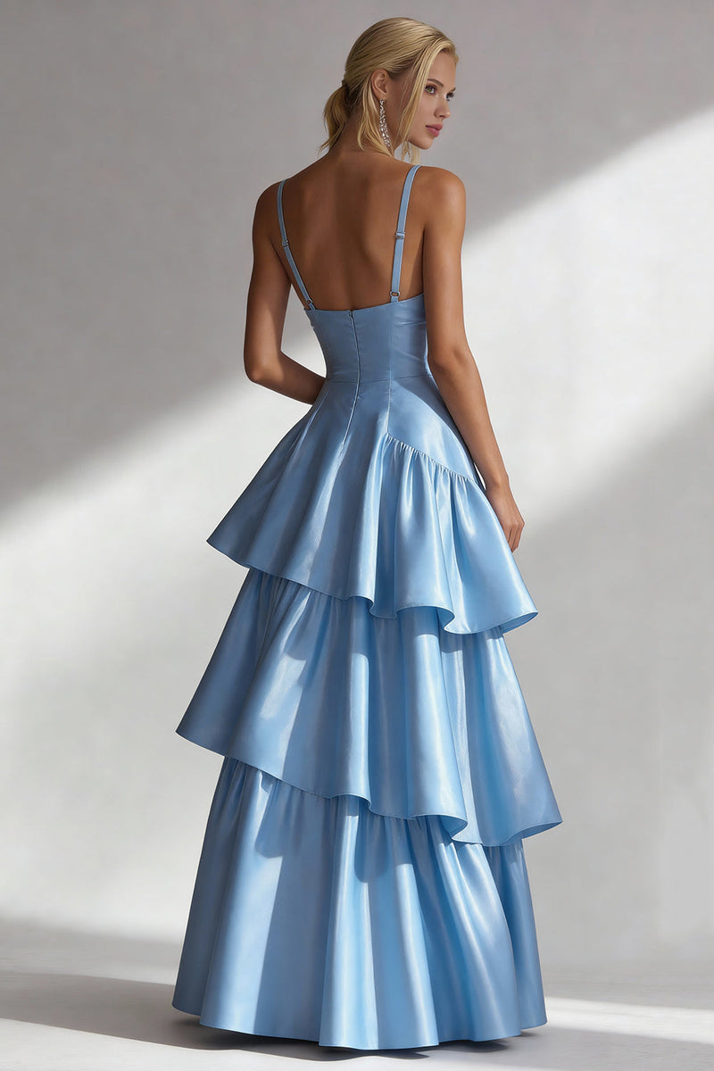Load image into Gallery viewer, Light Blue Satin A Line Spaghetti Straps Long Formal Dress with Ruffles