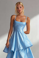 Load image into Gallery viewer, Light Blue Satin A Line Spaghetti Straps Long Formal Dress with Ruffles