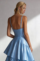 Load image into Gallery viewer, Light Blue Satin A Line Spaghetti Straps Long Formal Dress with Ruffles