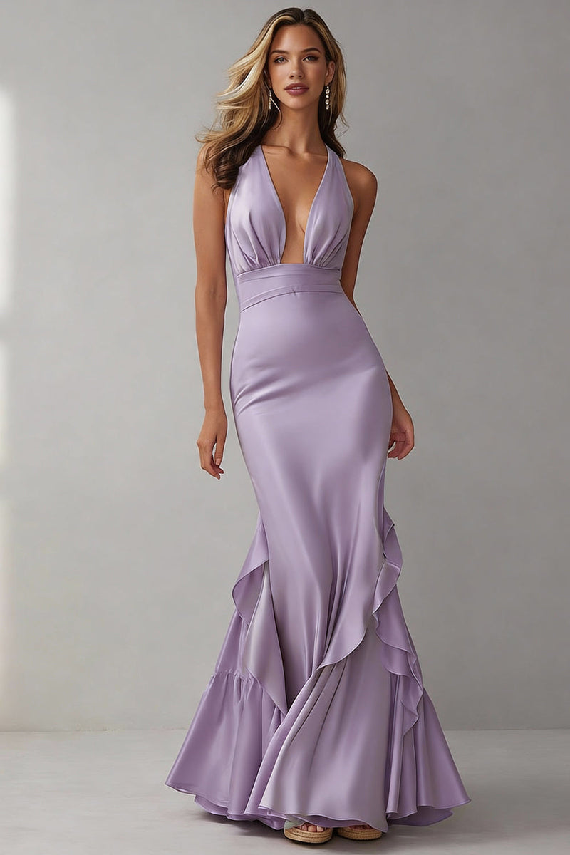 Load image into Gallery viewer, Lilac Mermaid Ruffled Halter Neck Long Formal Dress