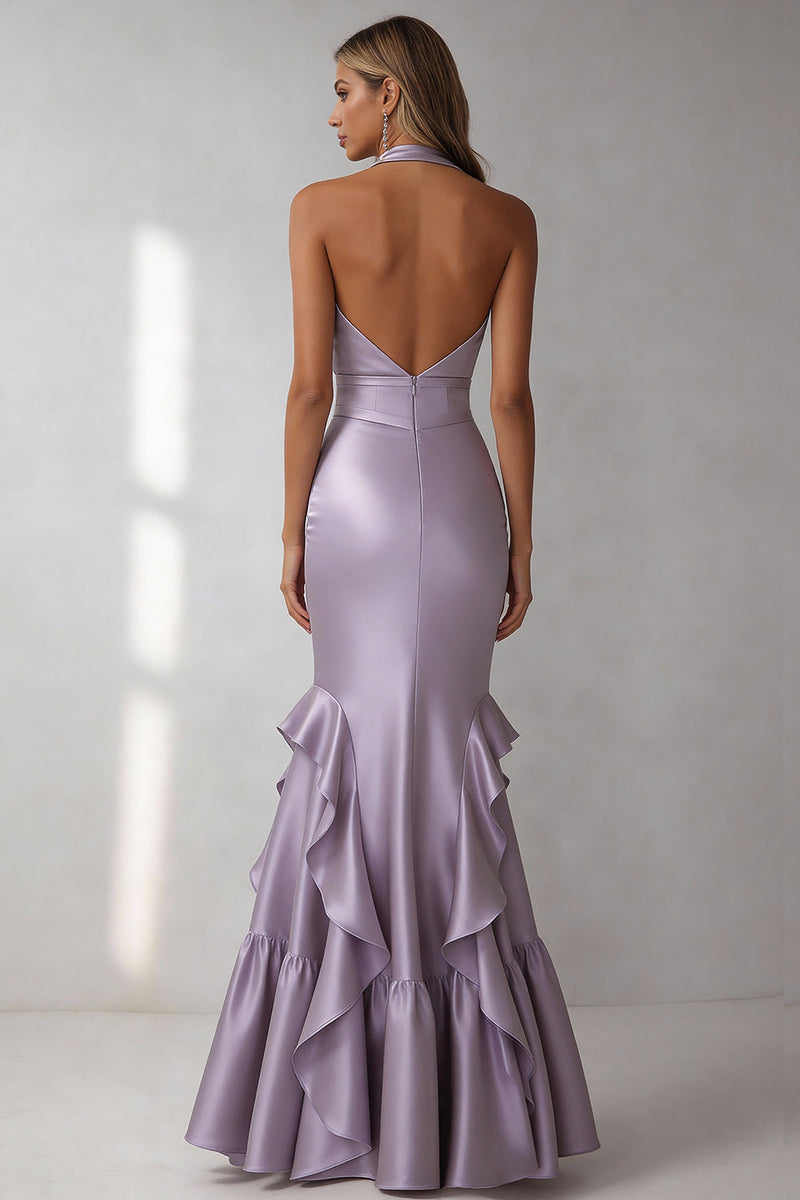 Load image into Gallery viewer, Lilac Mermaid Ruffled Halter Neck Long Formal Dress