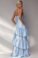 Load image into Gallery viewer, Light Blue Spaghetti Straps A Line Long Tiered Formal Dress