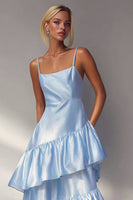 Load image into Gallery viewer, Light Blue Spaghetti Straps A Line Long Tiered Formal Dress