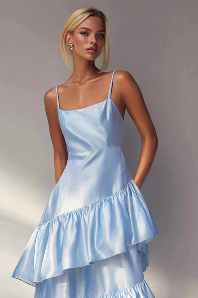 Load image into Gallery viewer, Light Blue Spaghetti Straps A Line Long Tiered Formal Dress