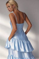Load image into Gallery viewer, Light Blue Spaghetti Straps A Line Long Tiered Formal Dress