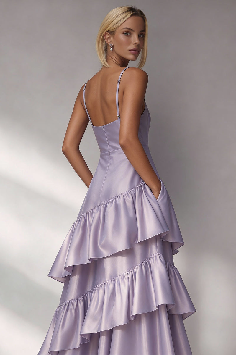 Load image into Gallery viewer, Light Blue Spaghetti Straps A Line Long Tiered Formal Dress