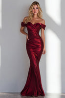 Load image into Gallery viewer, Burgundy Mermaid Satin Off the Shoulder Long Formal Dress