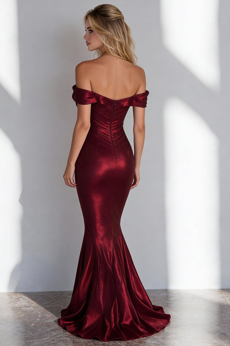 Load image into Gallery viewer, Burgundy Mermaid Satin Off the Shoulder Long Formal Dress