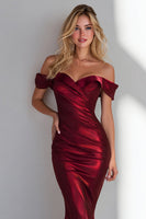 Load image into Gallery viewer, Burgundy Mermaid Satin Off the Shoulder Long Formal Dress