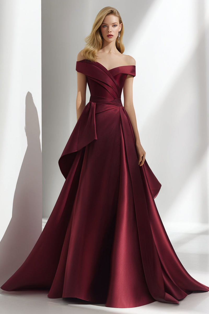 Load image into Gallery viewer, Burgundy Off the Shoulder A Line Long Formal Dress
