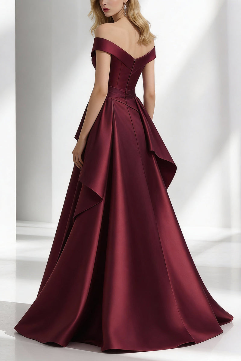 Load image into Gallery viewer, Burgundy Off the Shoulder A Line Long Formal Dress