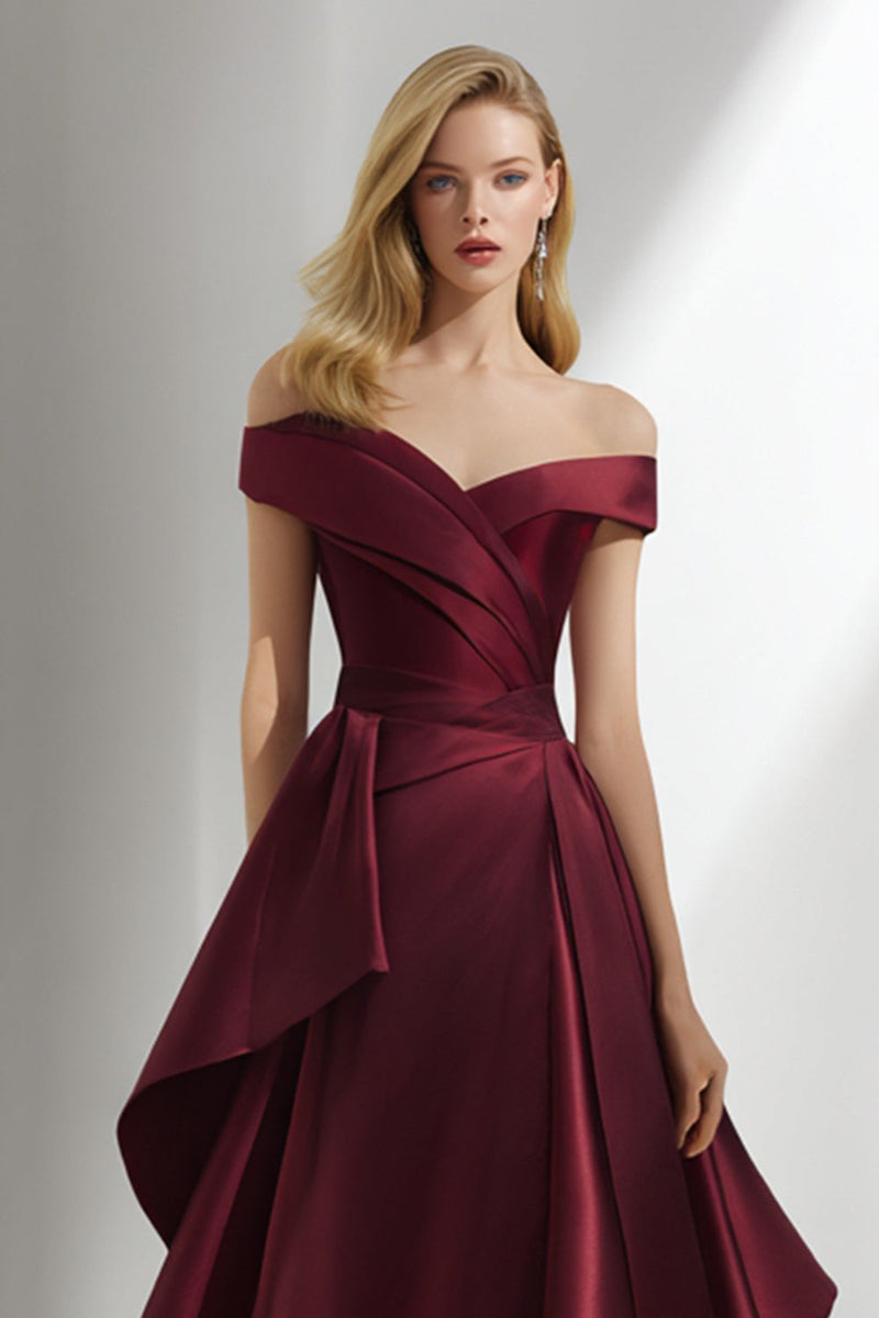 Load image into Gallery viewer, Burgundy Off the Shoulder A Line Long Formal Dress
