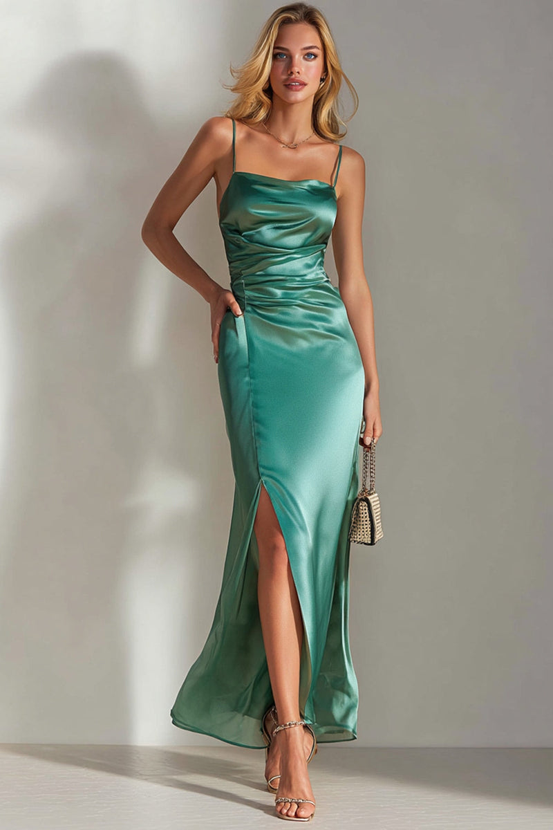 Load image into Gallery viewer, Emerald Green Sheath Satin Long Formal Dress with Slit
