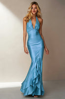 Load image into Gallery viewer, Sky Blue Halter Neck Mermaid Long Formal Dress with Ruffles