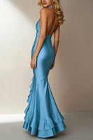 Load image into Gallery viewer, Sky Blue Halter Neck Mermaid Long Formal Dress with Ruffles