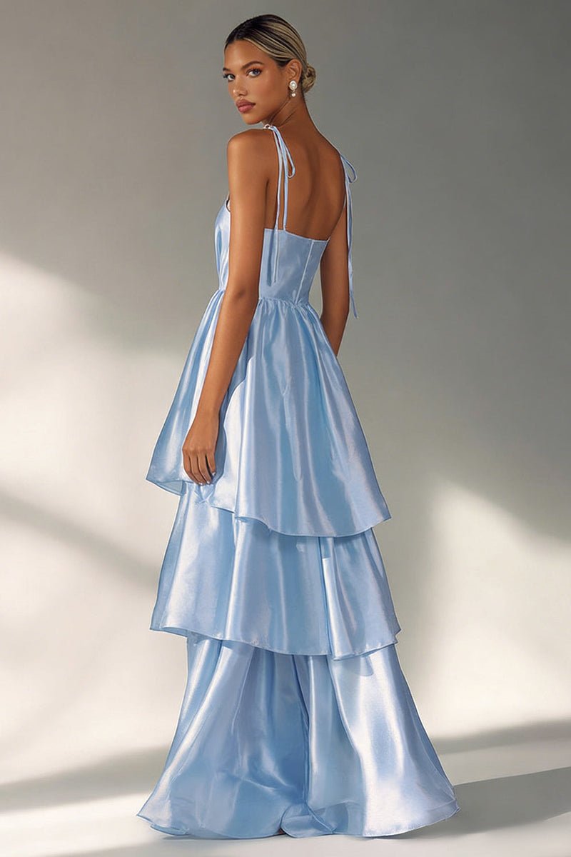 Load image into Gallery viewer, Flowy Light Blue Tiered A Line Long Formal Dress