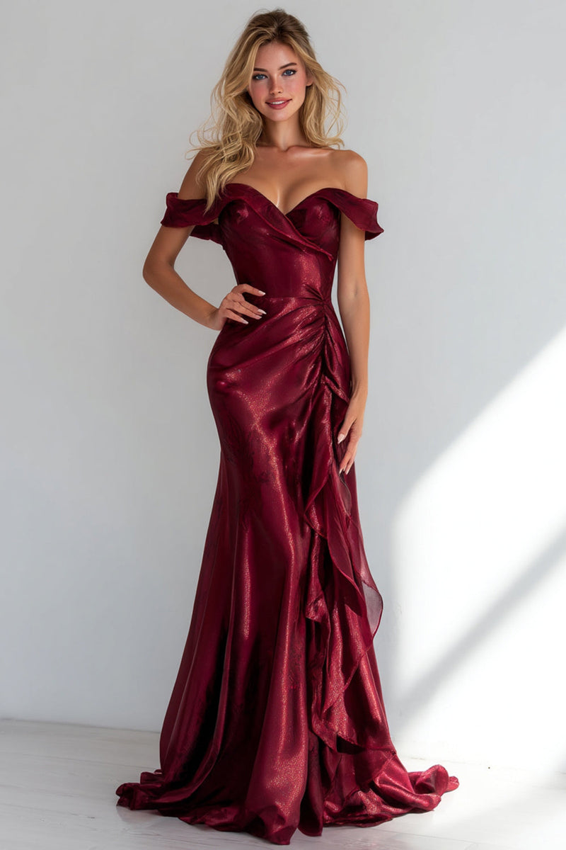 Load image into Gallery viewer, Burgundy Off the Shoulder Mermaid Long Formal Dress with Ruffles