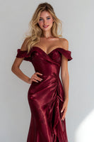 Load image into Gallery viewer, Burgundy Off the Shoulder Mermaid Long Formal Dress with Ruffles