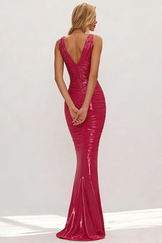 Metallic Fuchsia Mermaid Ruched V Neck Long Formal Dress