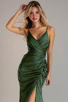Load image into Gallery viewer, Dark Green Ruched Mermaid Long Formal Dress with Slit