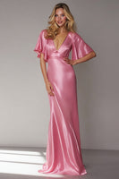 Load image into Gallery viewer, Pink Sheath Satin V Neck Long Formal Dress with Sleeves