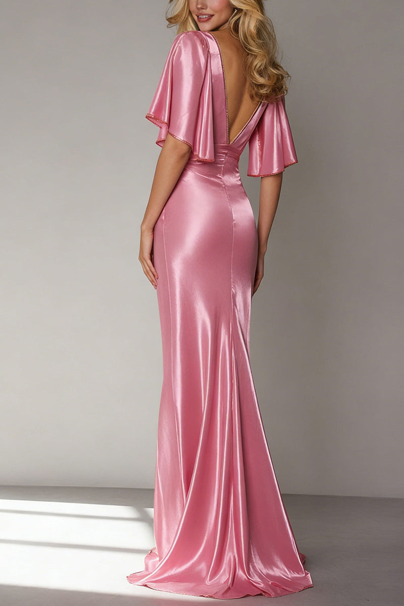 Load image into Gallery viewer, Pink Sheath Satin V Neck Long Formal Dress with Sleeves