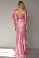 Load image into Gallery viewer, Pink Sheath Satin V Neck Long Formal Dress with Sleeves