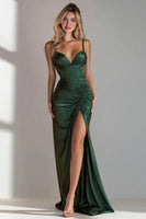 Load image into Gallery viewer, Dark Green Mermaid Ruched Spaghetti Straps Long Formal Dress with Slit