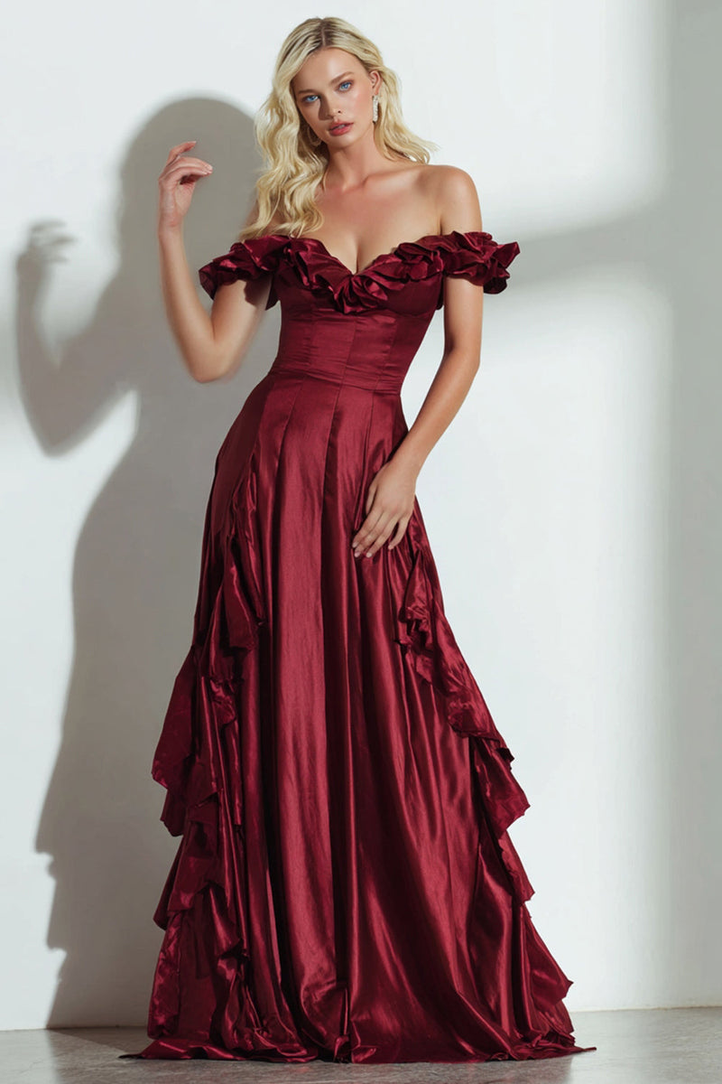 Load image into Gallery viewer, Burgundy Off the Shoulder A Line Ruffled Long Formal Dress