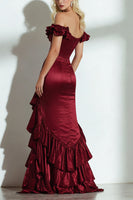 Load image into Gallery viewer, Burgundy Off the Shoulder A Line Ruffled Long Formal Dress