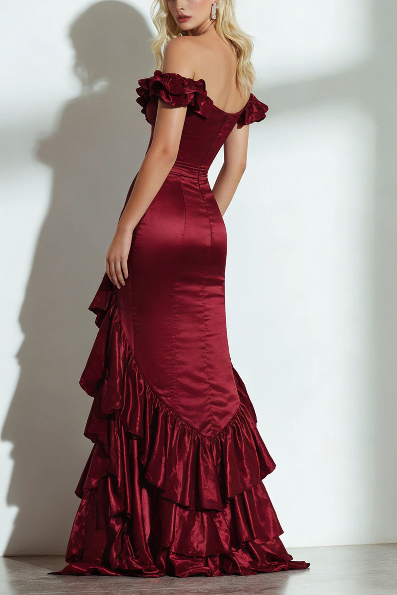 Load image into Gallery viewer, Burgundy Off the Shoulder A Line Ruffled Long Formal Dress