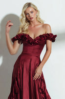 Load image into Gallery viewer, Burgundy Off the Shoulder A Line Ruffled Long Formal Dress