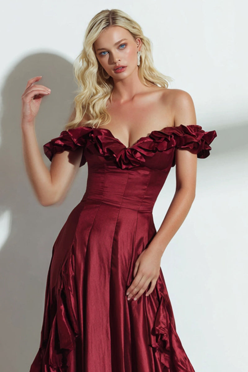 Load image into Gallery viewer, Burgundy Off the Shoulder A Line Ruffled Long Formal Dress