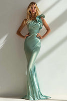 Load image into Gallery viewer, Navy Mermaid One Shoulder Ruffled Long Formal Dress