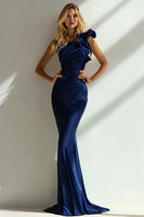 Load image into Gallery viewer, Navy Mermaid One Shoulder Ruffled Long Formal Dress