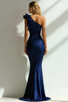 Load image into Gallery viewer, Navy Mermaid One Shoulder Ruffled Long Formal Dress