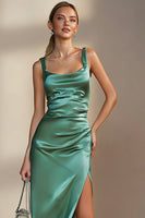 Load image into Gallery viewer, Emerald Green Satin Sheath Ruched Long Formal Dress with Slit
