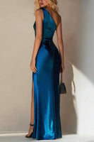 Load image into Gallery viewer, Royal Blue Sheath One Shoulder Long Formal Dress with Slit