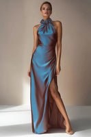 Load image into Gallery viewer, Electric Blue Sheath High Neck Backless Long Formal Dress with Slit