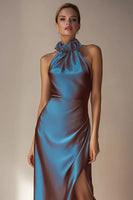 Load image into Gallery viewer, Electric Blue Sheath High Neck Backless Long Formal Dress with Slit