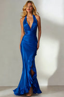 Load image into Gallery viewer, Royal Blue Mermaid Ruffled Halter Neck Long Formal Dress with Slit