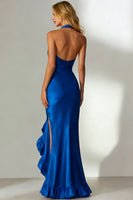 Load image into Gallery viewer, Royal Blue Mermaid Ruffled Halter Neck Long Formal Dress with Slit