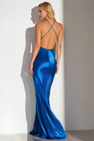 Load image into Gallery viewer, Royal Blue Cowl Neck Mermaid Satin Long Formal Dress