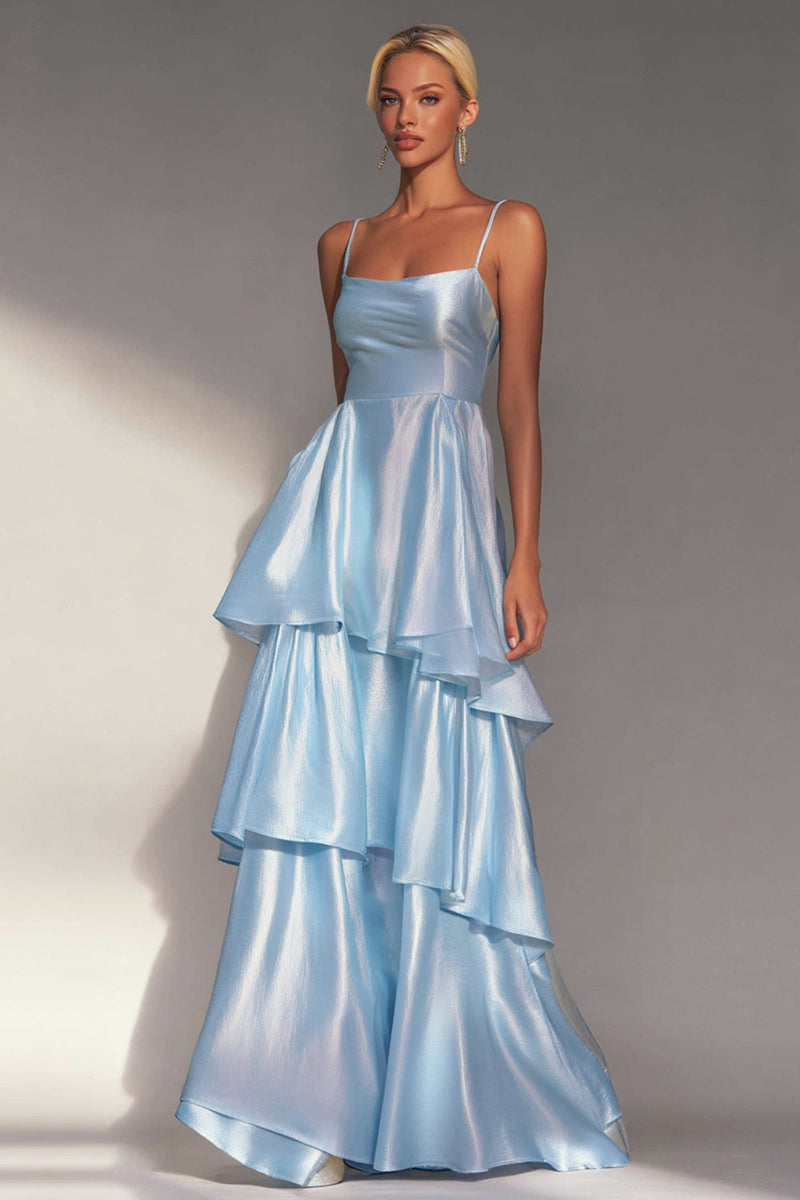 Load image into Gallery viewer, Light Blue Tiered Spaghetti Straps A Line Long Formal Dress