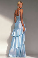 Load image into Gallery viewer, Light Blue Tiered Spaghetti Straps A Line Long Formal Dress