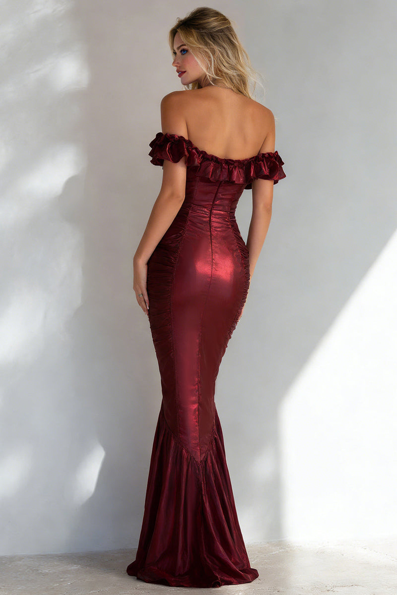 Load image into Gallery viewer, Burgundy Off the Shoulder Long Mermaid Formal Dress with Ruffles