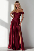 Load image into Gallery viewer, Burgundy Off the Shoulder A Line Long Formal Dress with Slit