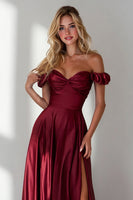 Load image into Gallery viewer, Burgundy Off the Shoulder A Line Long Formal Dress with Slit