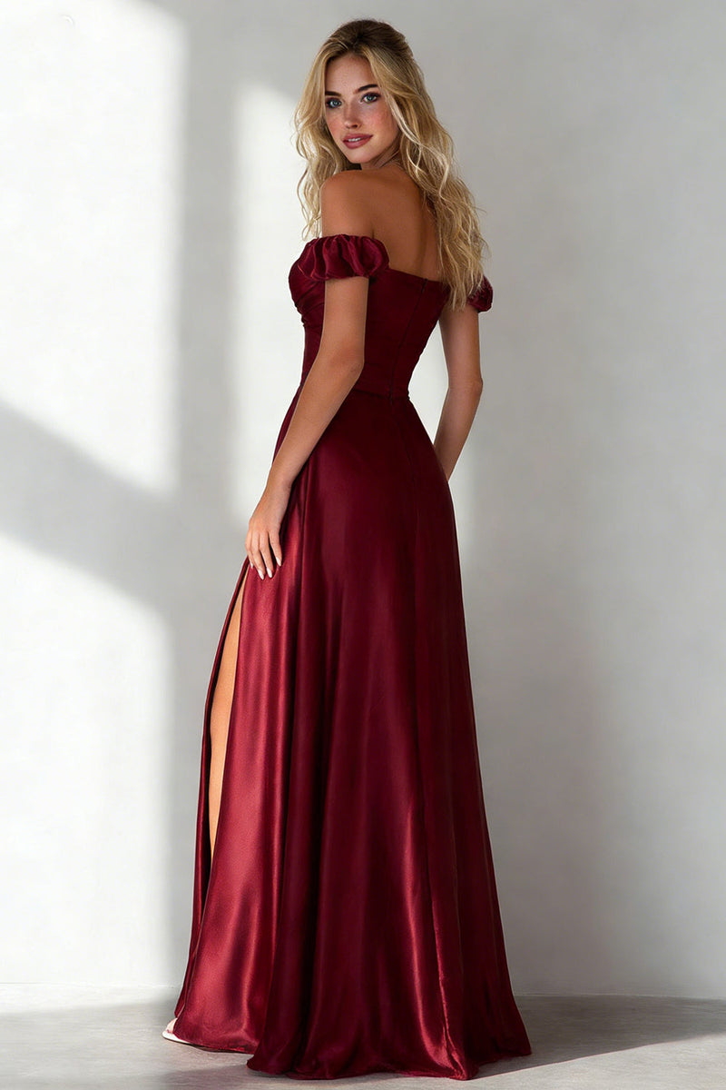 Load image into Gallery viewer, Burgundy Off the Shoulder A Line Long Formal Dress with Slit
